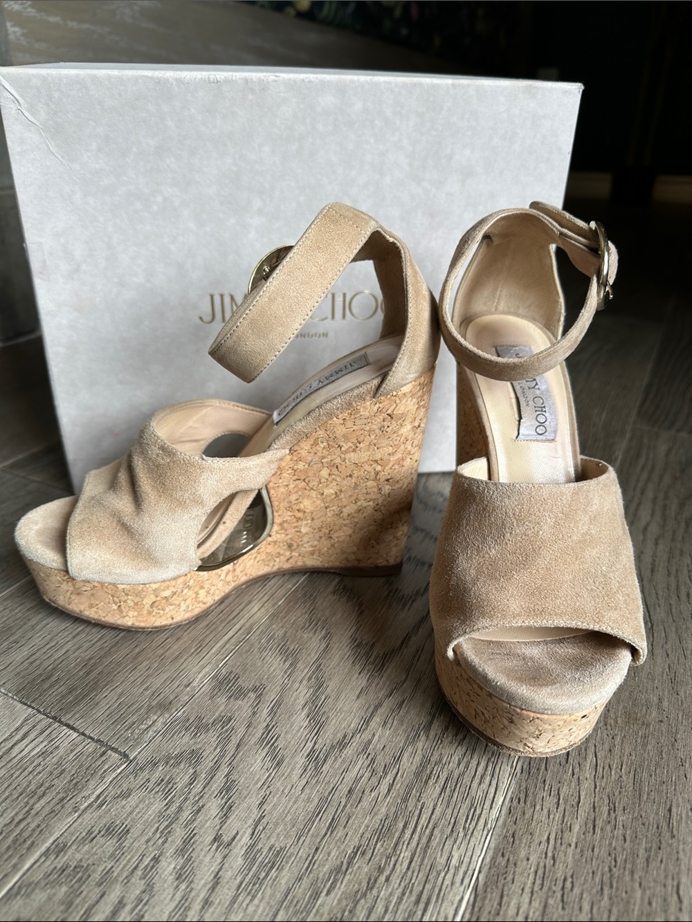 Jimmy Choo Beige Suede Cork Wedge Sandals with Ankle Strap - Picture 4 of 5